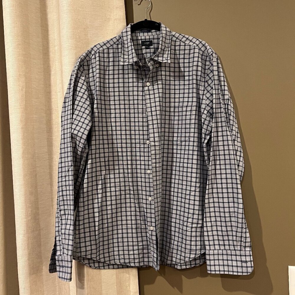 J Crew Slim Fit Blue Check Button Down Men's Long Sleeve Dress Shirt, Size Large